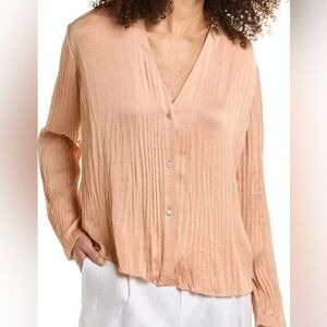 Vince Pleated Crushed V Neck Top Crinkle Satin Button-Up Peach Blouse Sz Small